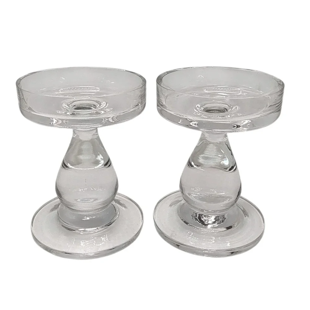 Vintage Krosno Glass Pillar Candle Holder Poland Handmade Crystal Set of Two‎
